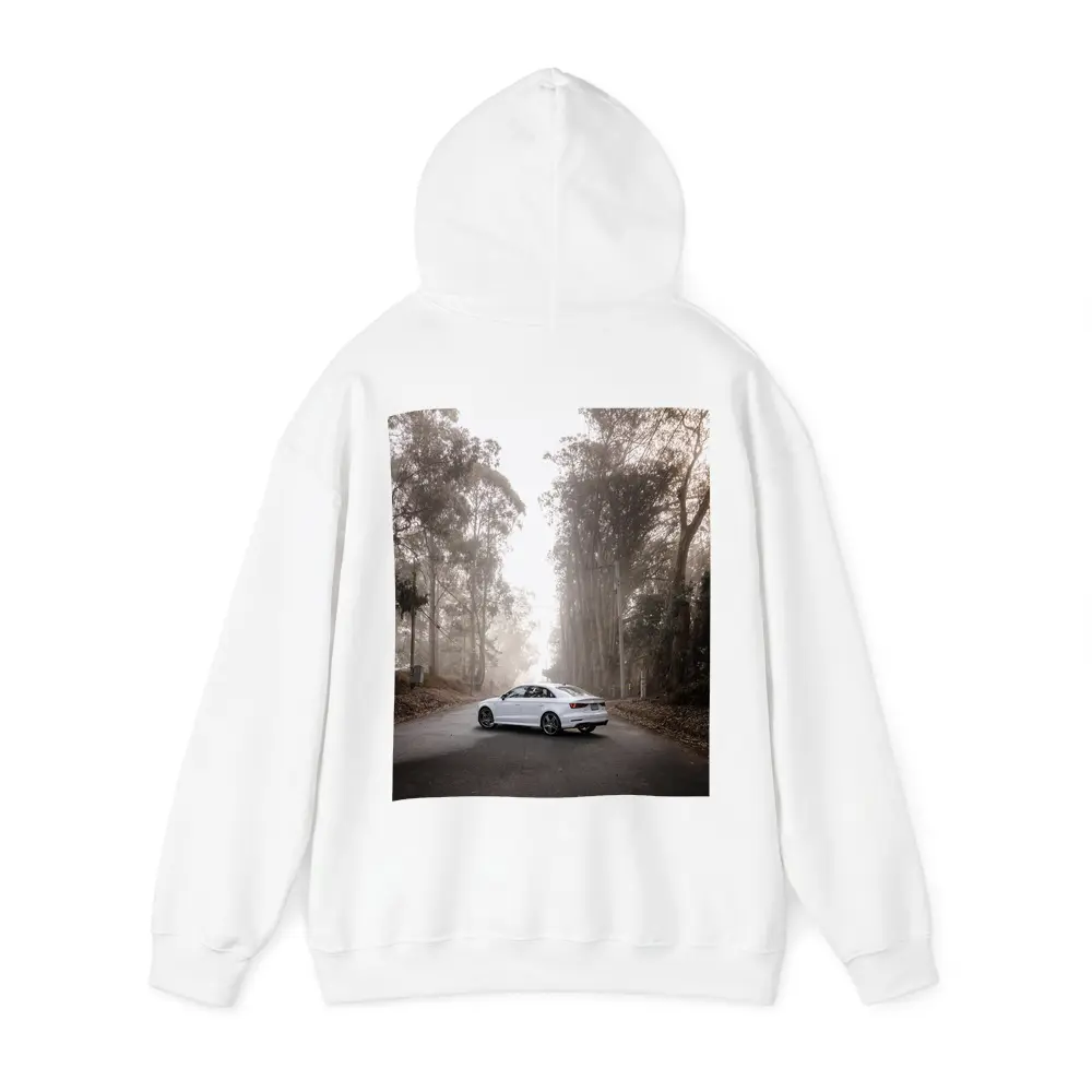 White Audi A3 on Misty Forest Road – Hoodies