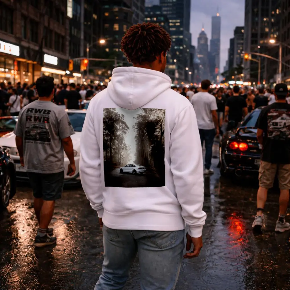 White Audi A3 on Misty Forest Road – Hoodies
