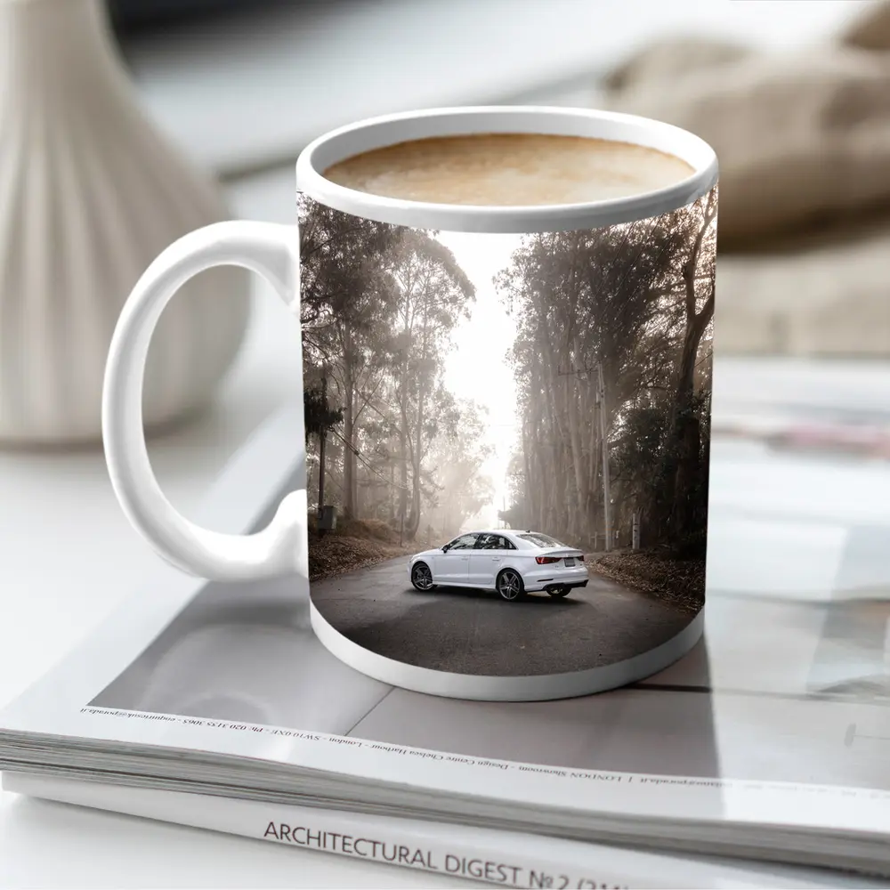 White Audi A3 on Misty Forest Road – Mugs