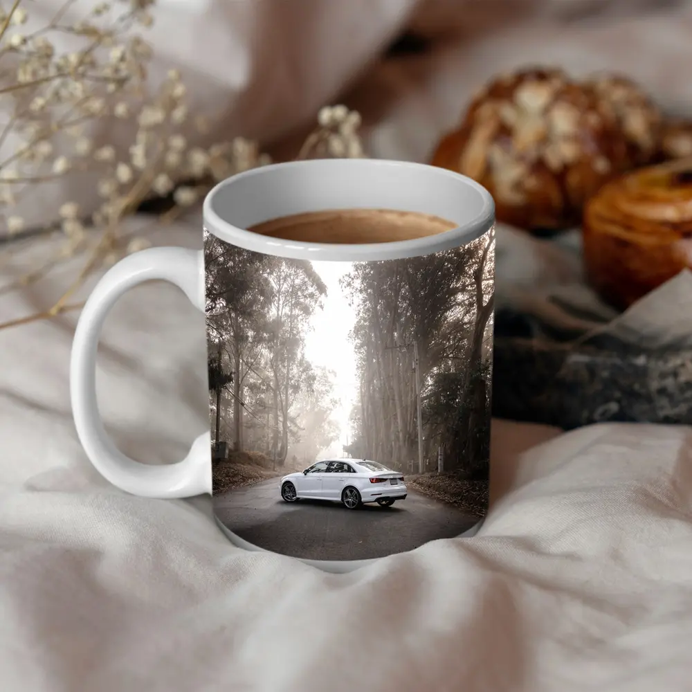 White Audi A3 on Misty Forest Road – Mugs