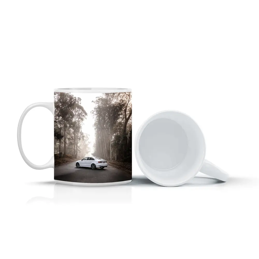 White Audi A3 on Misty Forest Road – Mugs