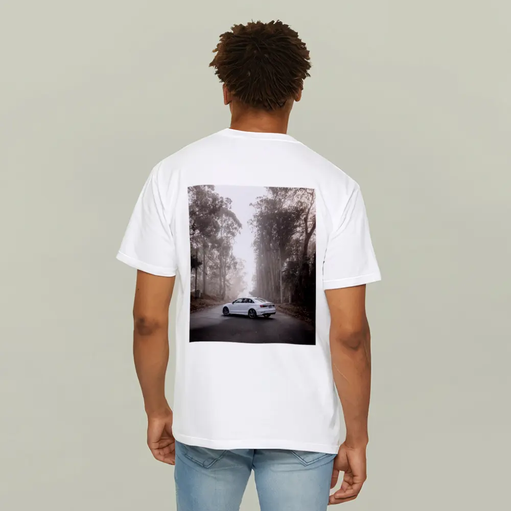 White Audi A3 on Misty Forest Road – T-Shirts