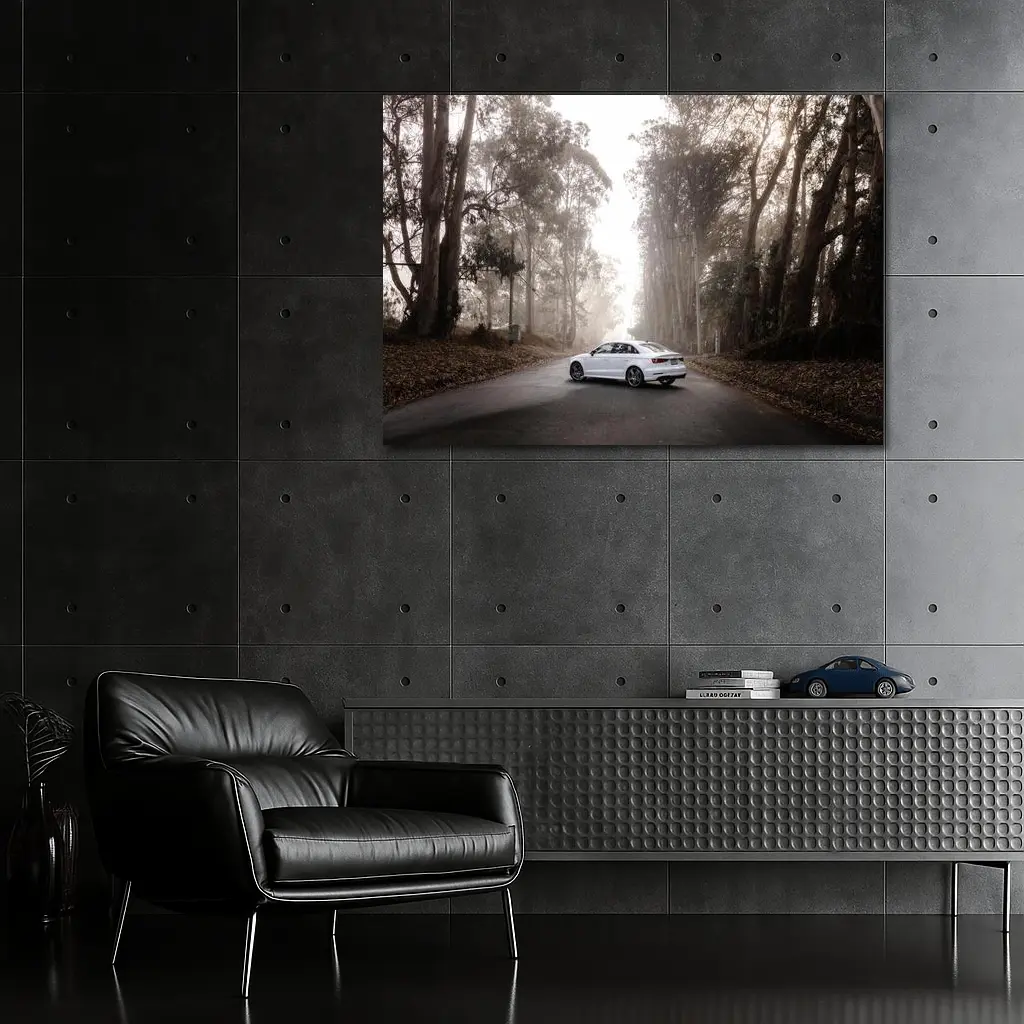 White Audi A3 on Misty Forest Road – Wall Art