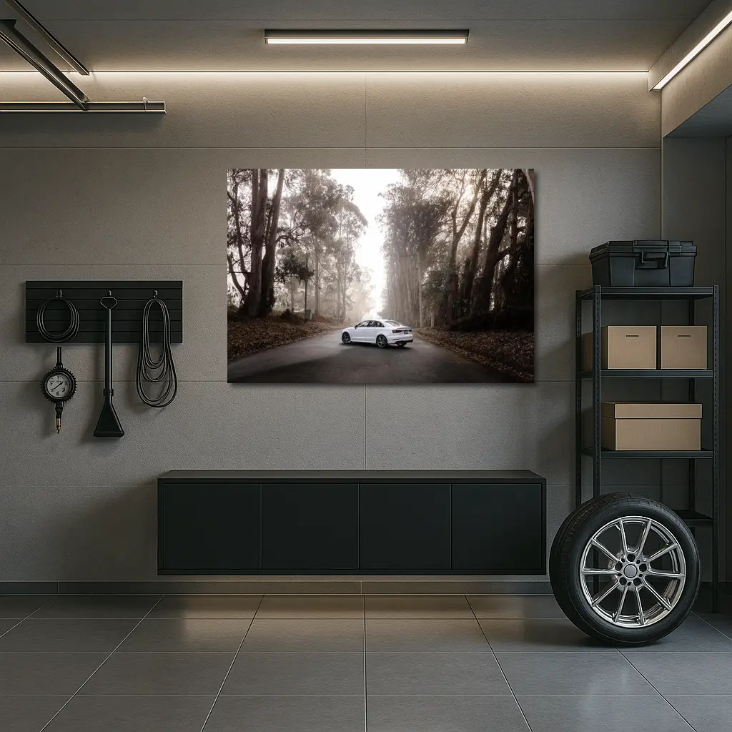 White Audi A3 on Misty Forest Road – Wall Art