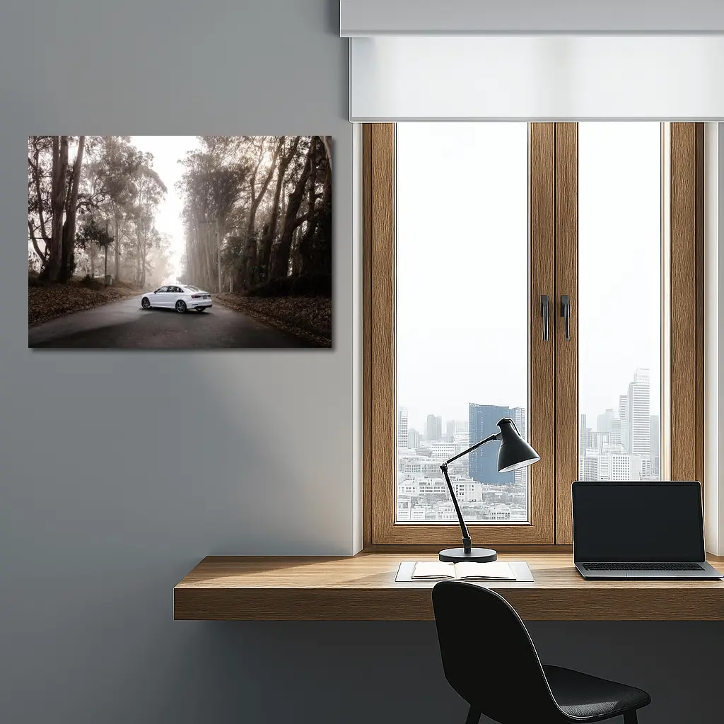 White Audi A3 on Misty Forest Road – Wall Art