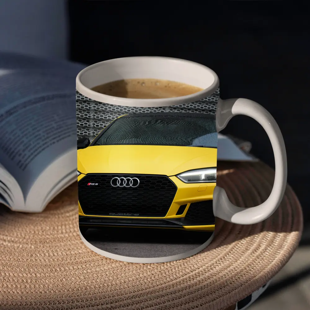 Audi RS5 Yellow Coupe Urban Background – Mugs