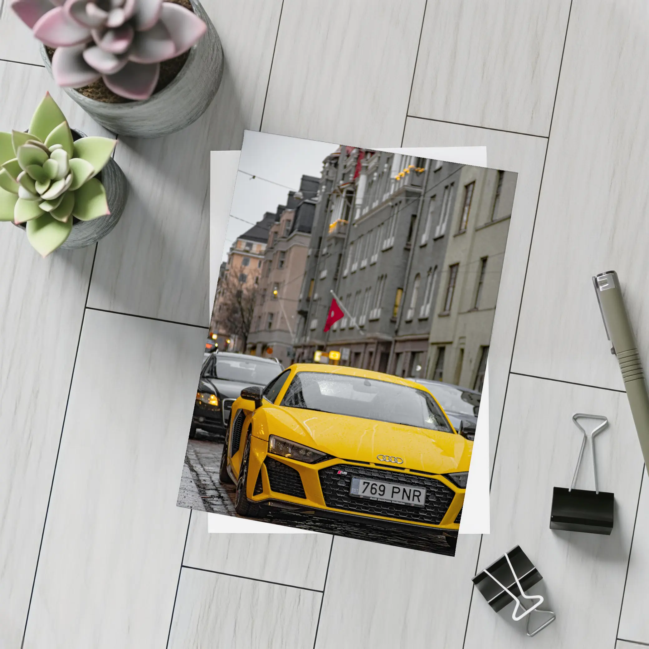 Yellow Audi R8 Wet City Street – Postcards