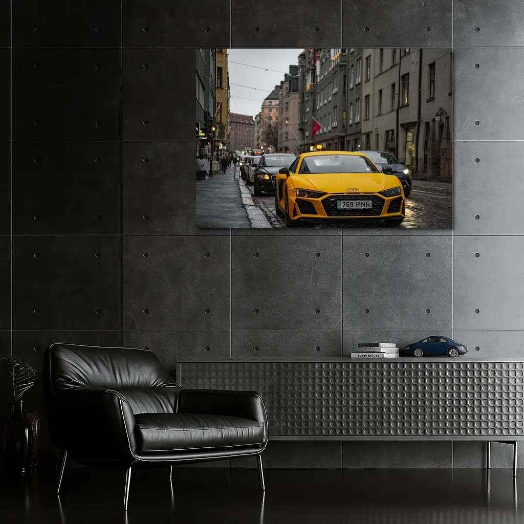 Yellow Audi R8 Wet City Street – Wall Art