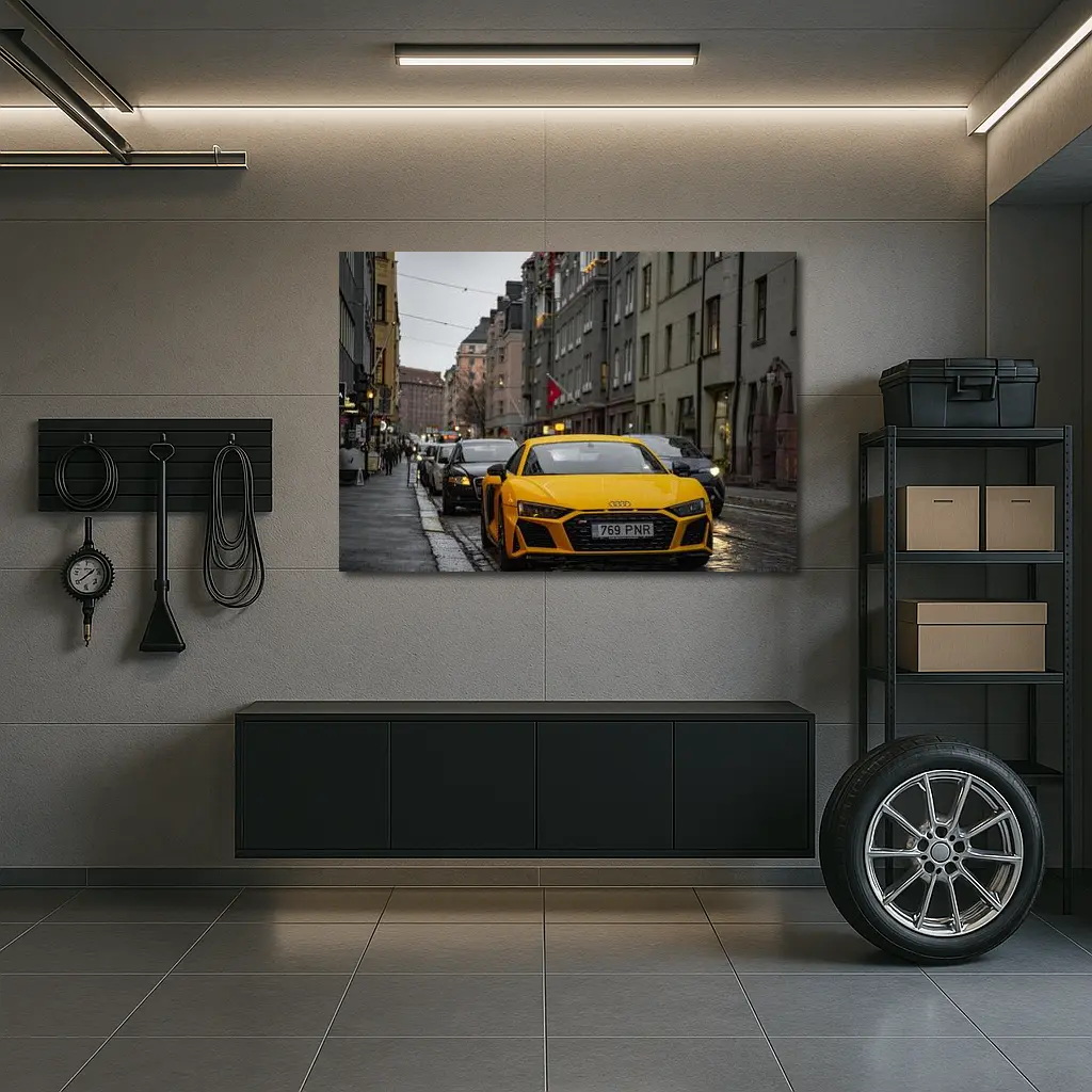 Yellow Audi R8 Wet City Street – Wall Art