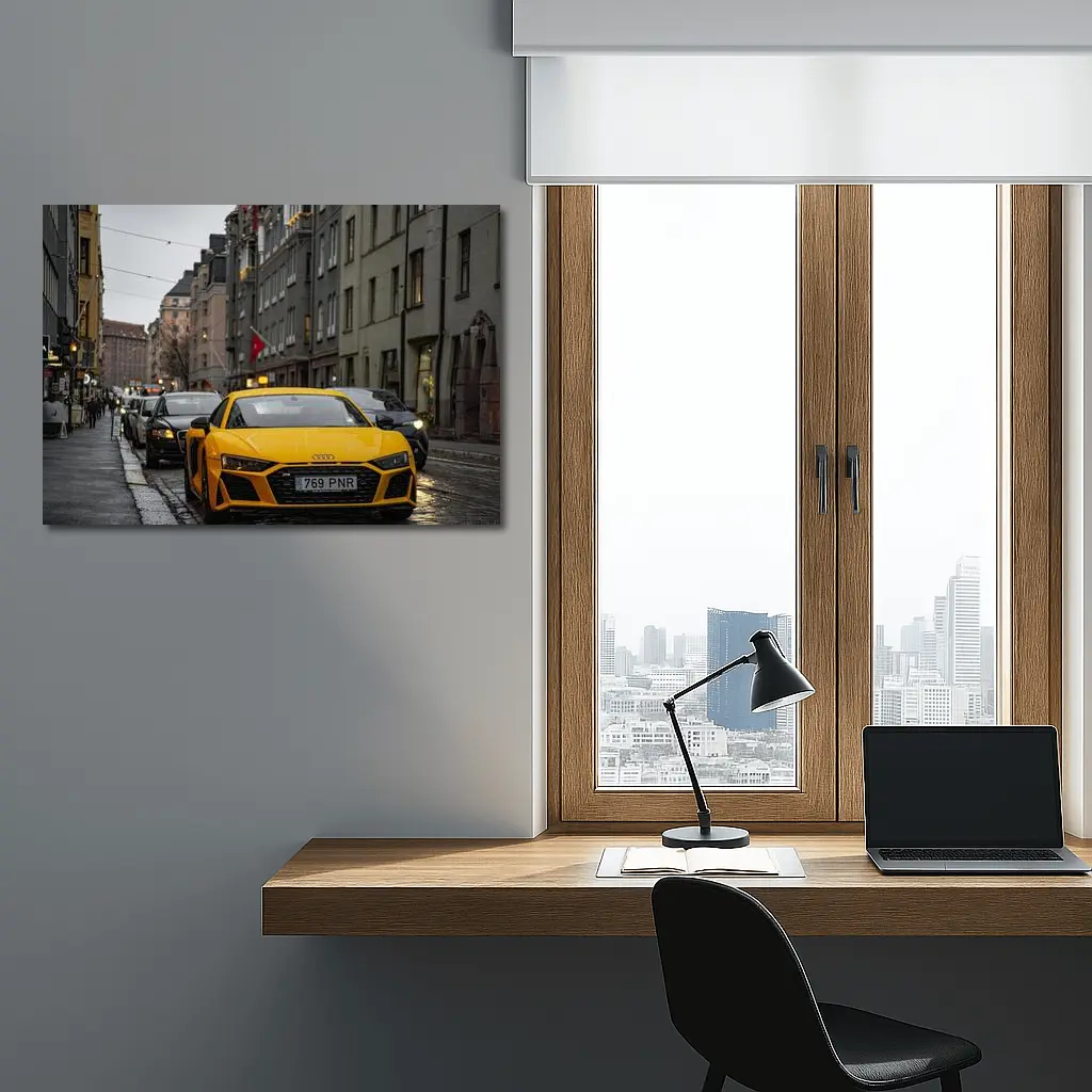 Yellow Audi R8 Wet City Street – Wall Art