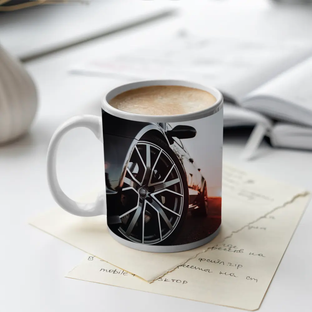 Audi Black Car Wheel Sunset Background – Mugs