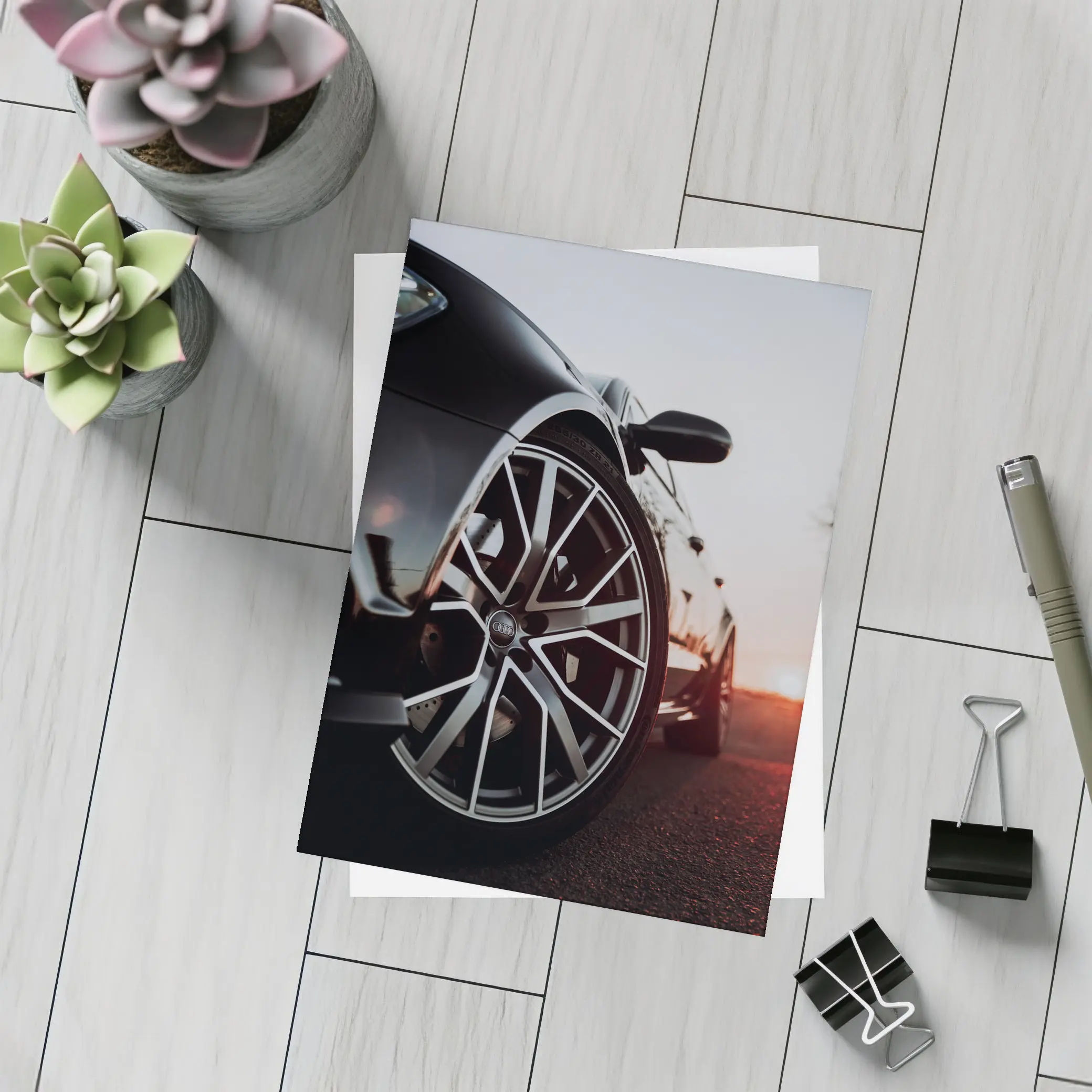 Audi Black Car Wheel Sunset Background – Postcards