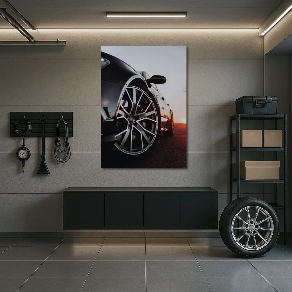 Audi Black Car Wheel Sunset Background – Wall Art