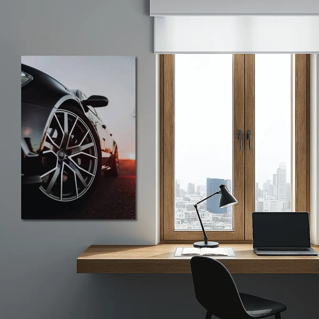 Audi Black Car Wheel Sunset Background – Wall Art