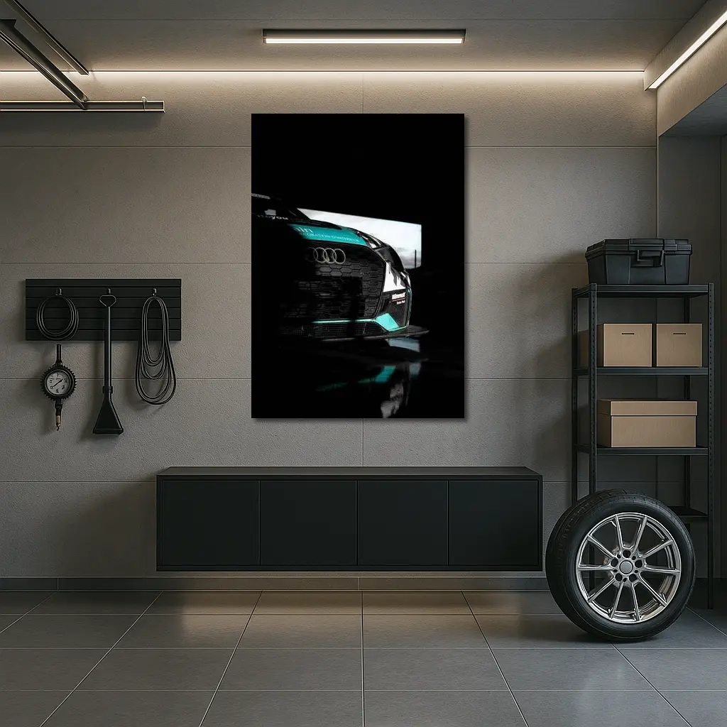Audi Race Car Dark Garage Teal Accents – Wall Art