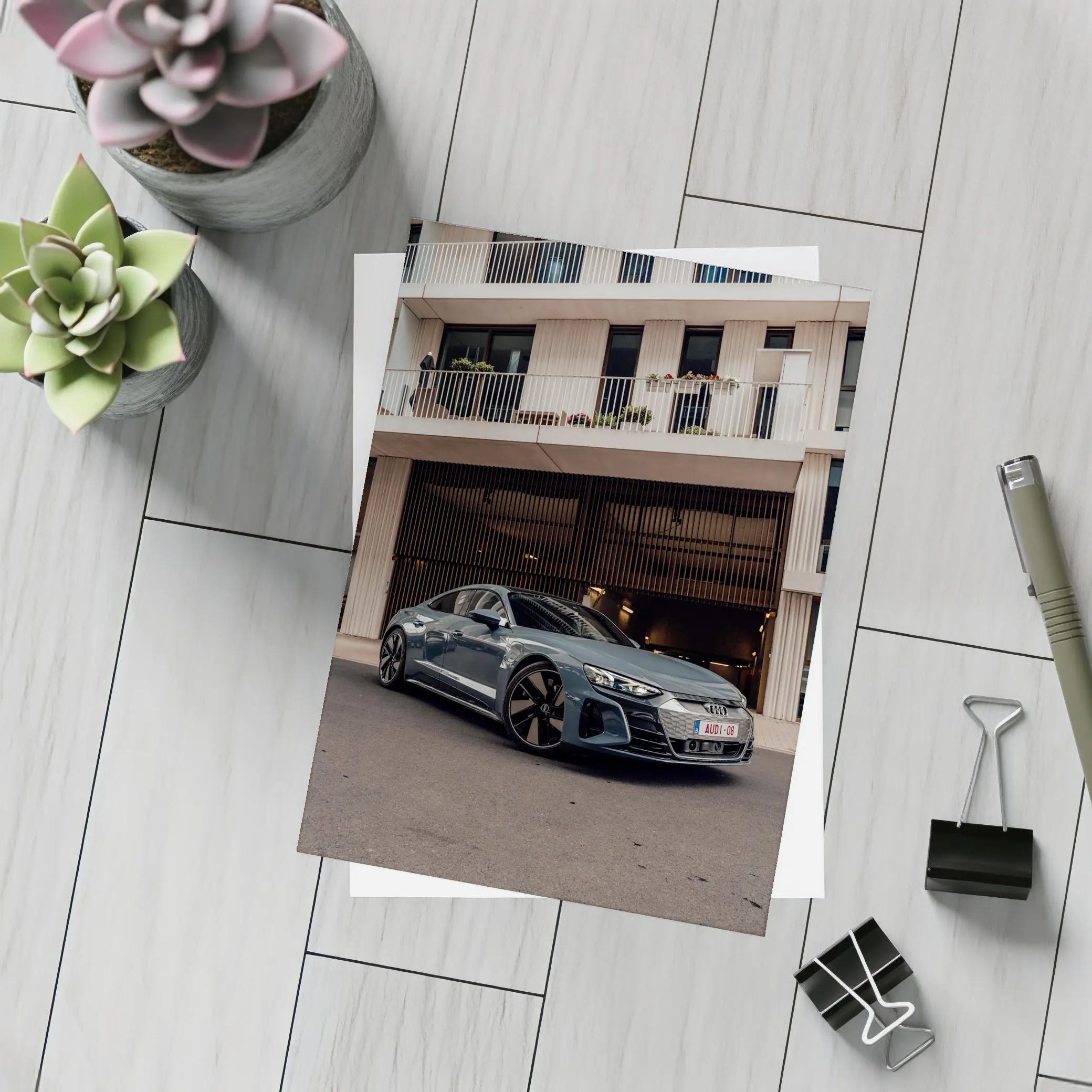 Audi E-Tron GT Parked Outside Modern Building – Postcards