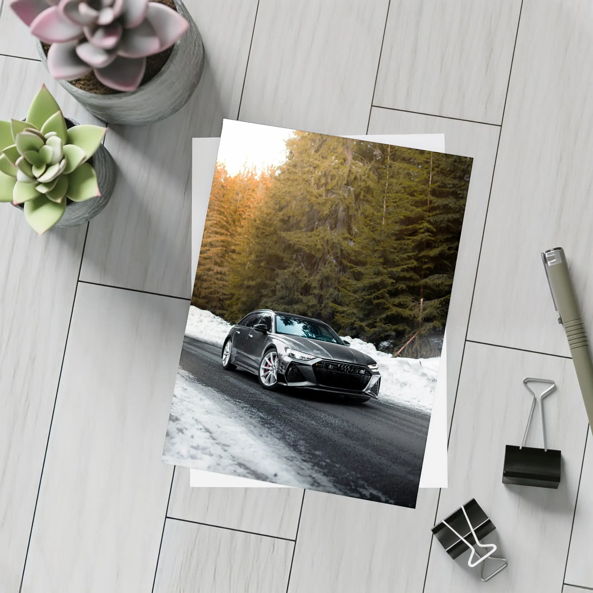 Audi RS6 Avant Black Winter Forest Road – Postcards