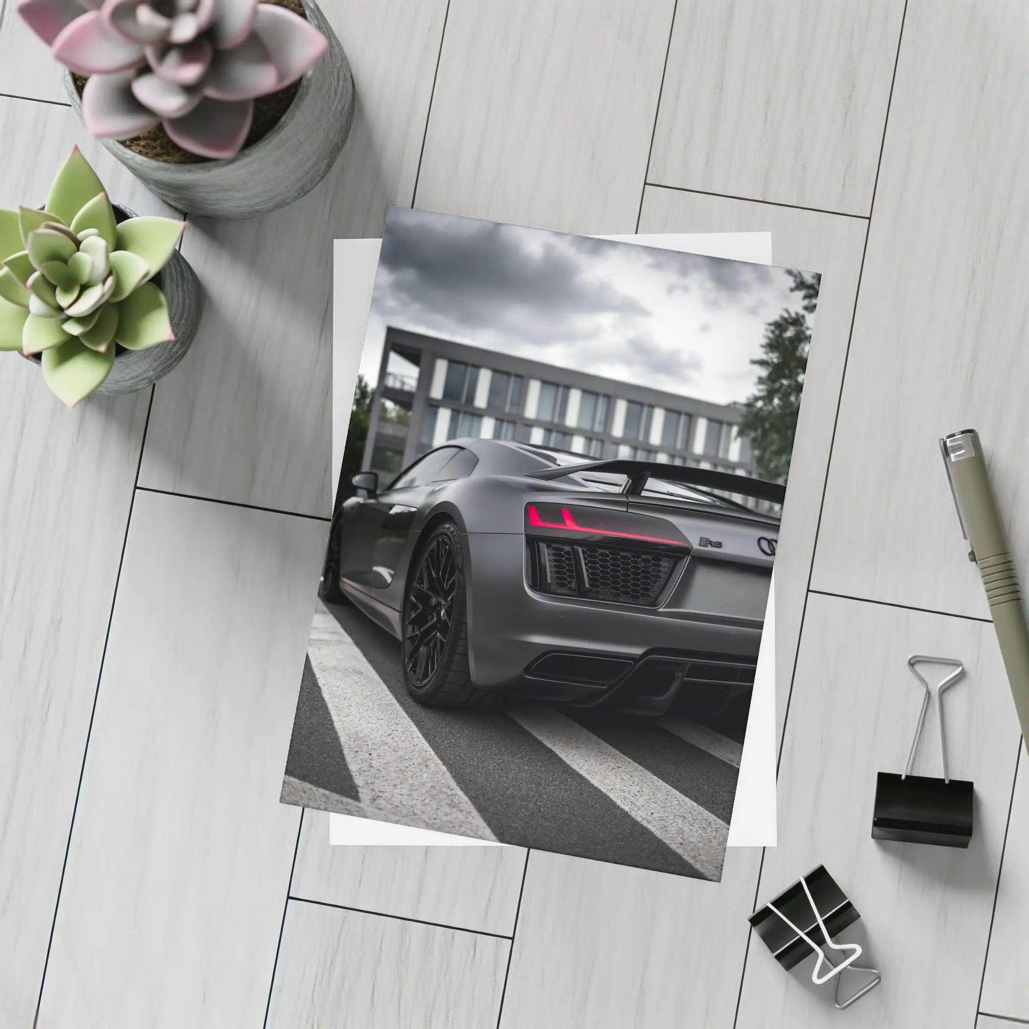 Audi R8 Matte Gray Supercar Stormy Sky – Postcards