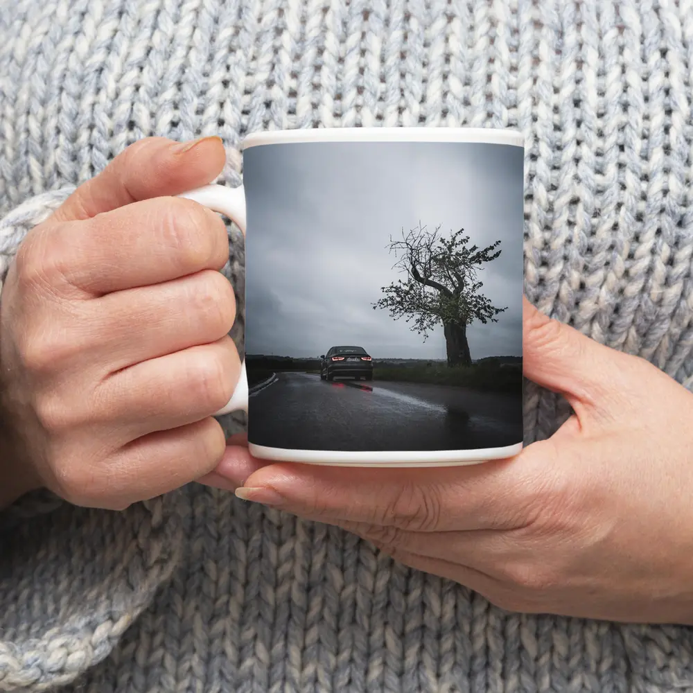 Audi Sedan Rainy Road Moody Gray Sky – Mugs