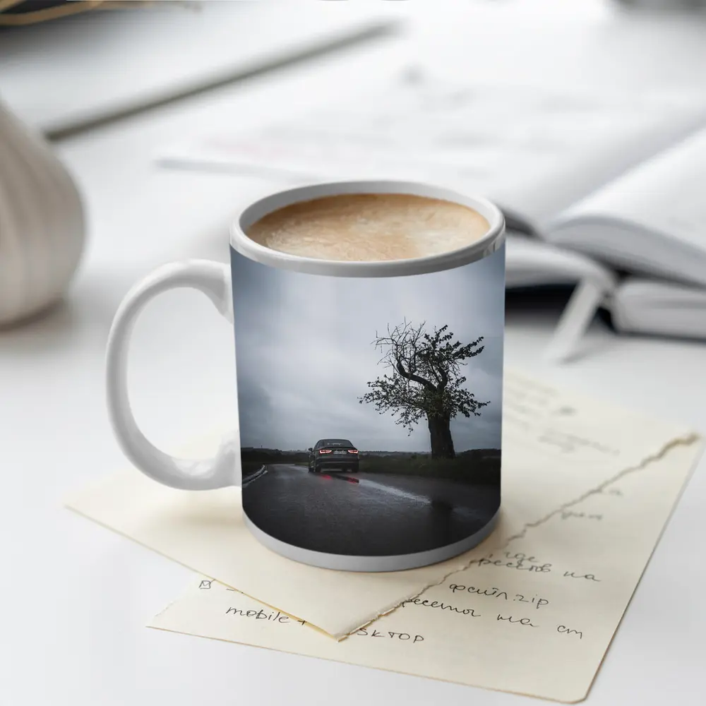 Audi Sedan Rainy Road Moody Gray Sky – Mugs