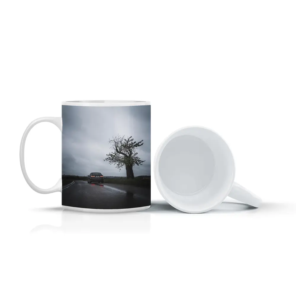 Audi Sedan Rainy Road Moody Gray Sky – Mugs