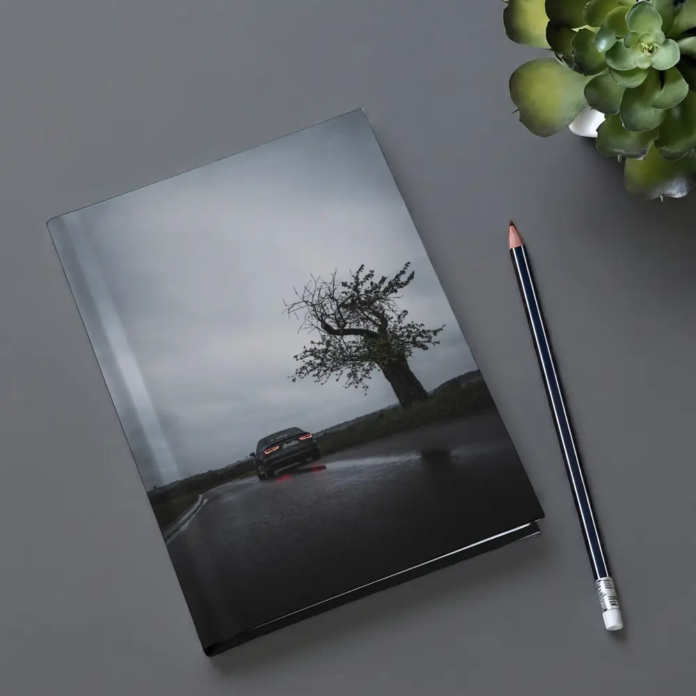 Audi Sedan Rainy Road Moody Gray Sky – Notebooks