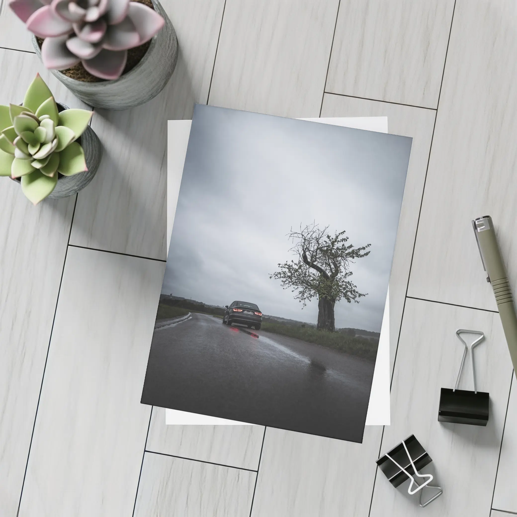 Audi Sedan Rainy Road Moody Gray Sky – Postcards