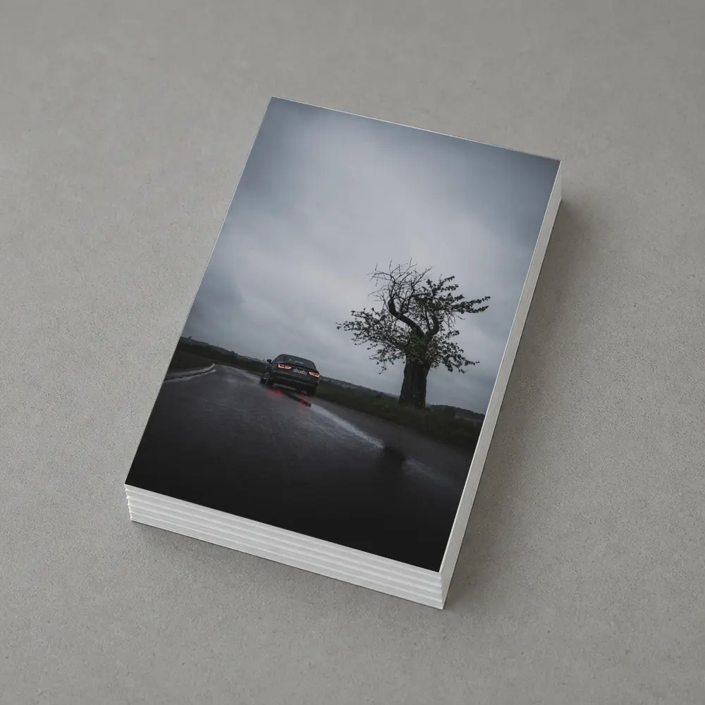 Audi Sedan Rainy Road Moody Gray Sky – Postcards