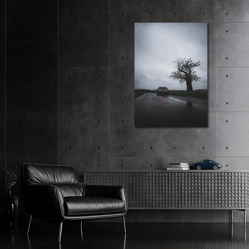 Audi Sedan Rainy Road Moody Gray Sky – Wall Art