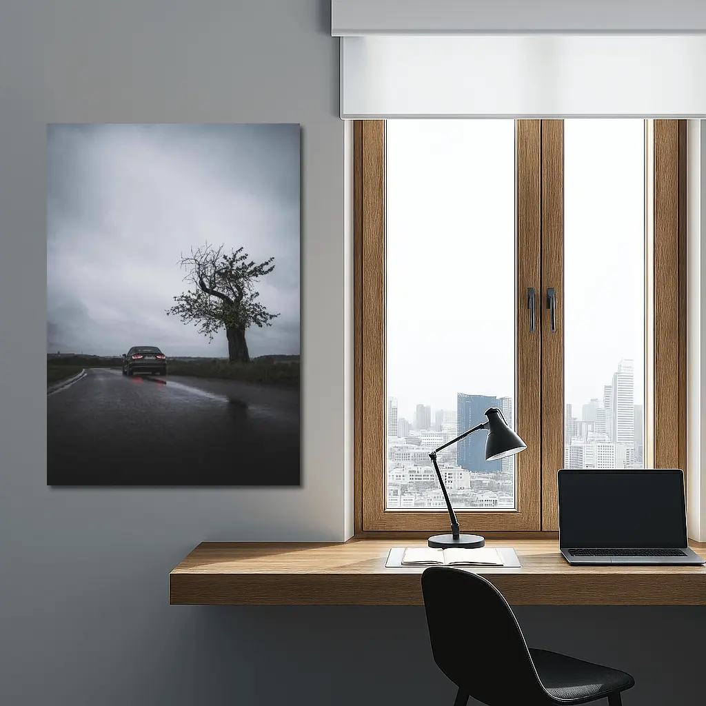 Audi Sedan Rainy Road Moody Gray Sky – Wall Art