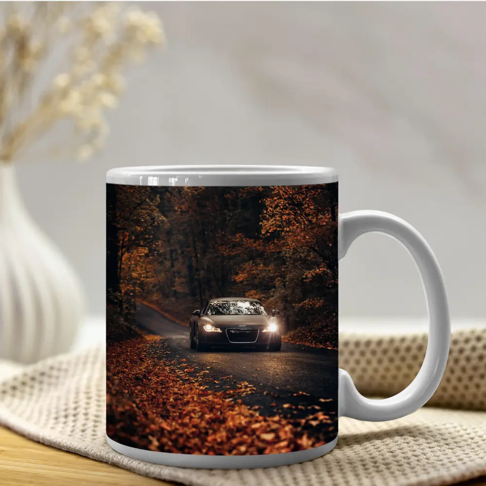 Audi R8 on Dark Autumn Forest Road – Mugs