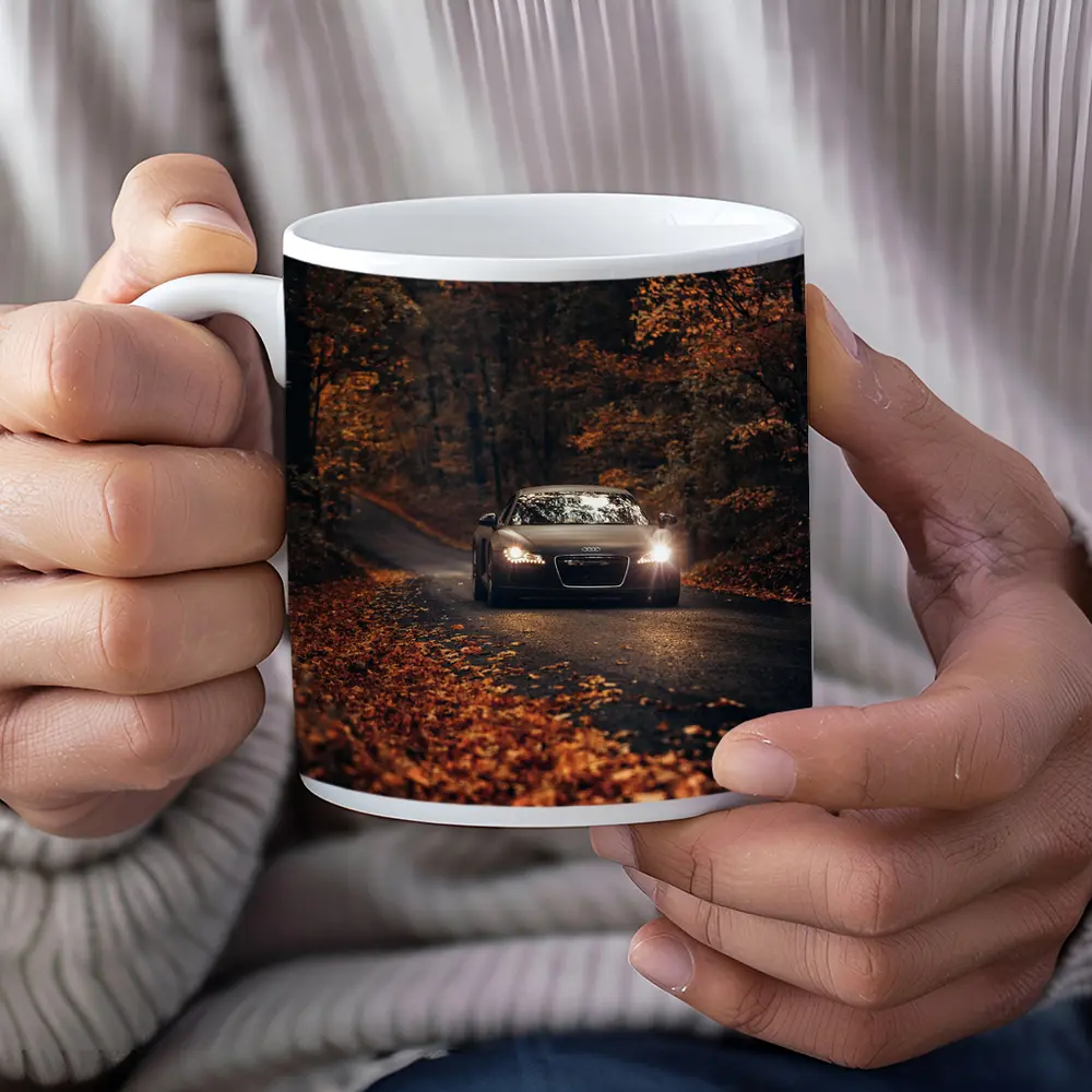 Audi R8 on Dark Autumn Forest Road – Mugs