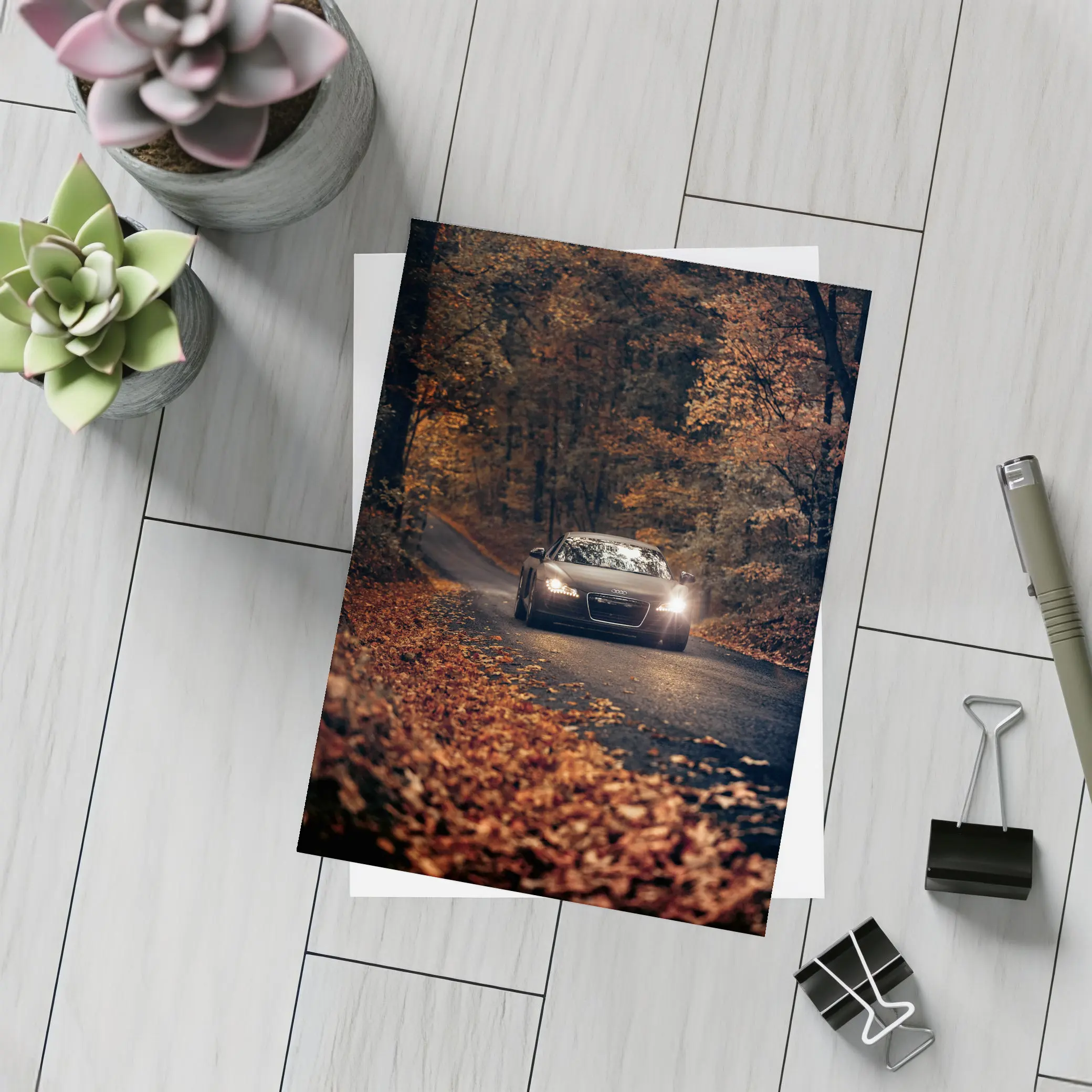 Audi R8 on Dark Autumn Forest Road – Postcards