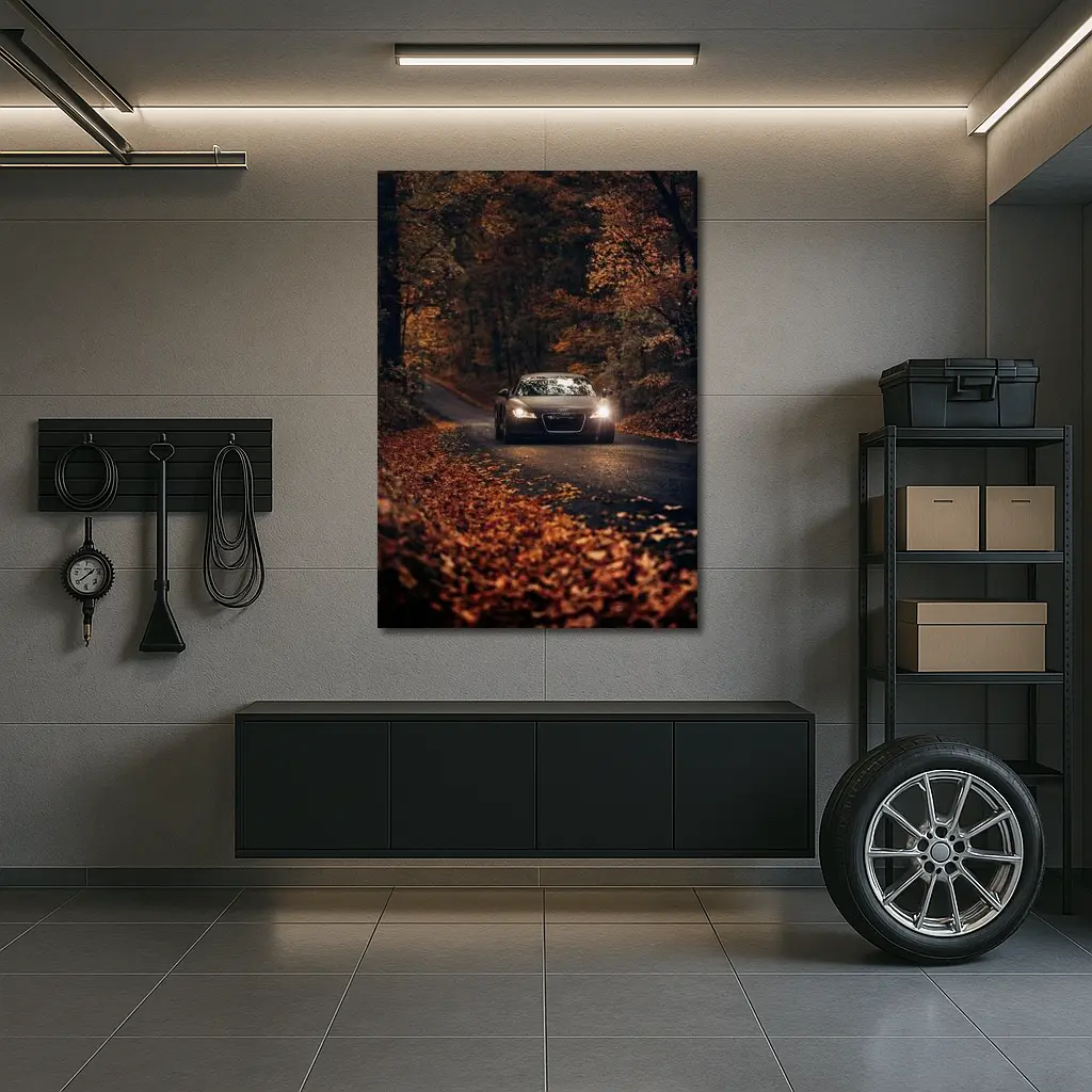 Audi R8 on Dark Autumn Forest Road – Wall Art