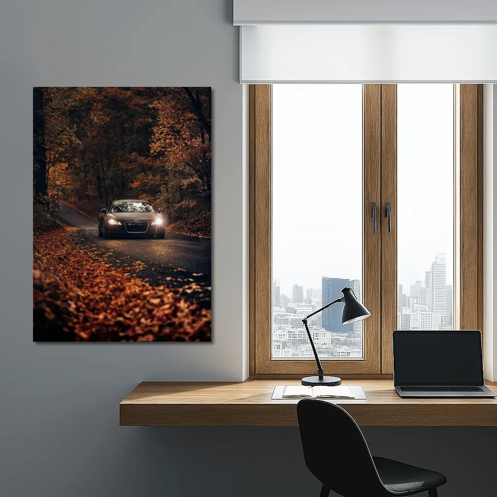 Audi R8 on Dark Autumn Forest Road – Wall Art