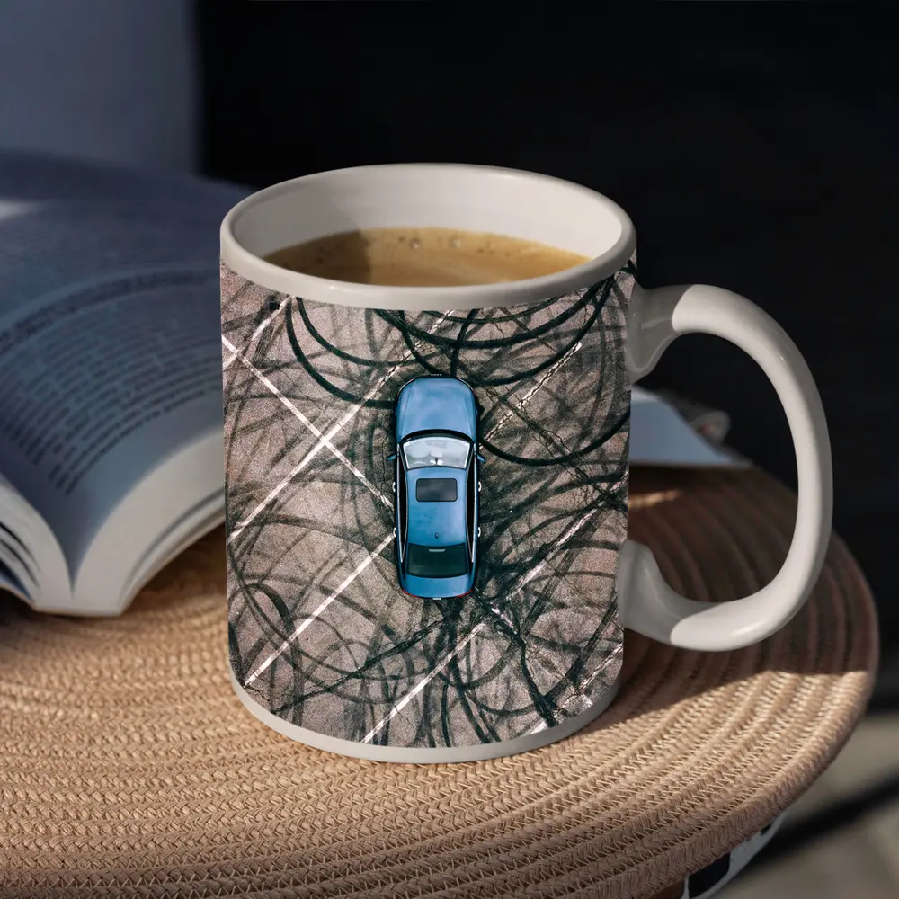 Blue Car Aerial View Burnout Marks – Mugs