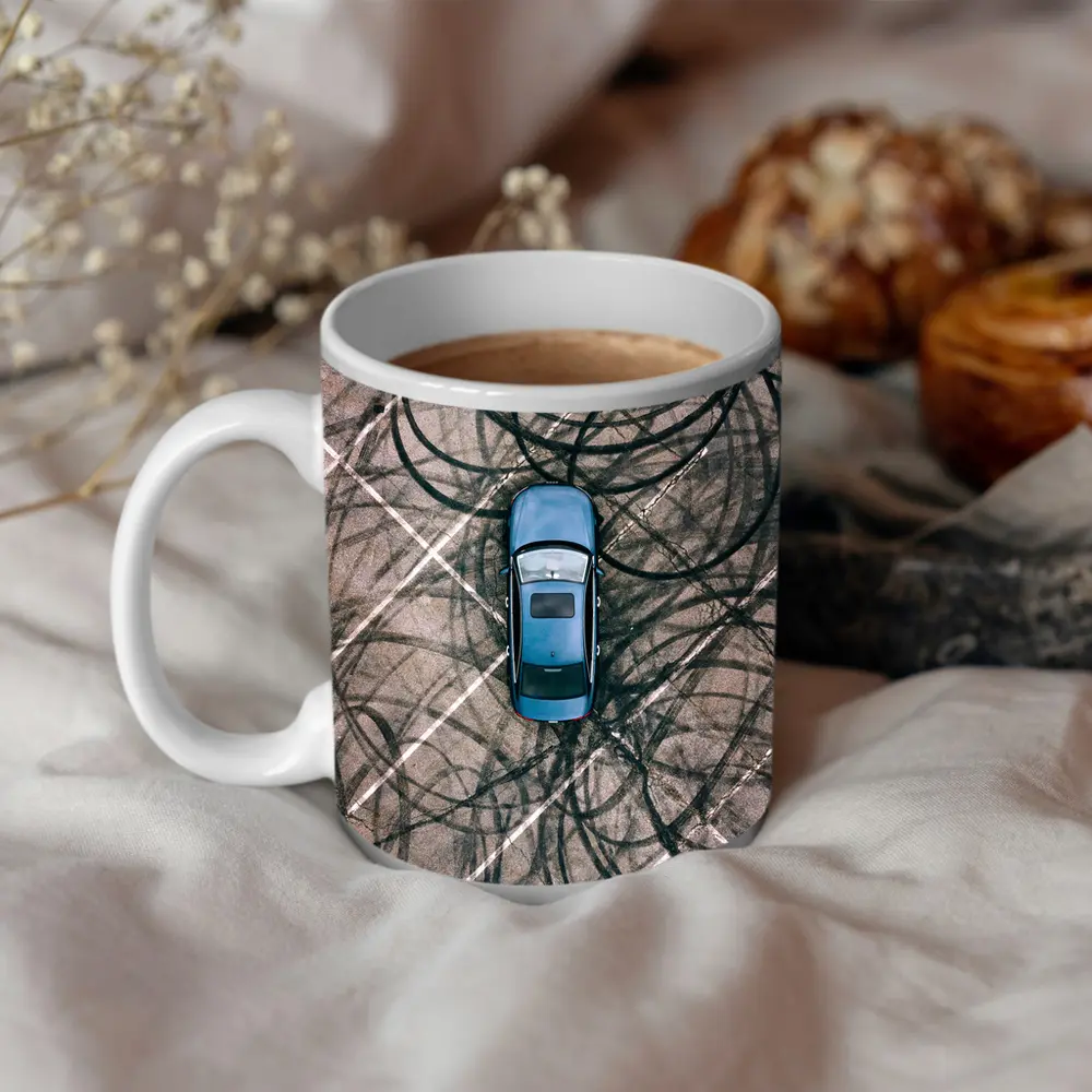 Blue Car Aerial View Burnout Marks – Mugs
