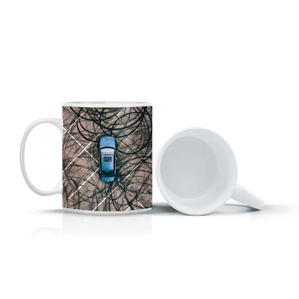 Blue Car Aerial View Burnout Marks – Mugs