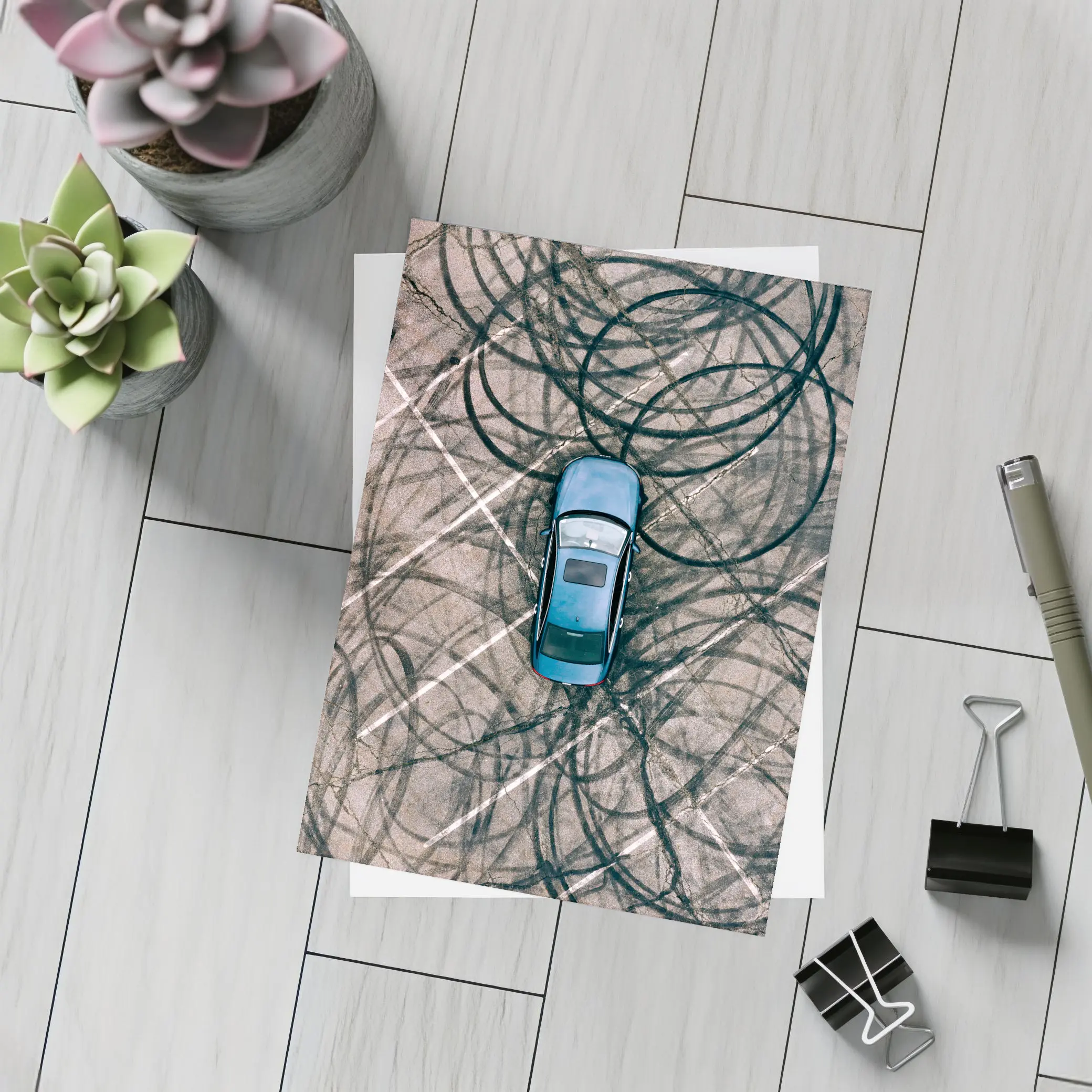 Blue Car Aerial View Burnout Marks – Postcards