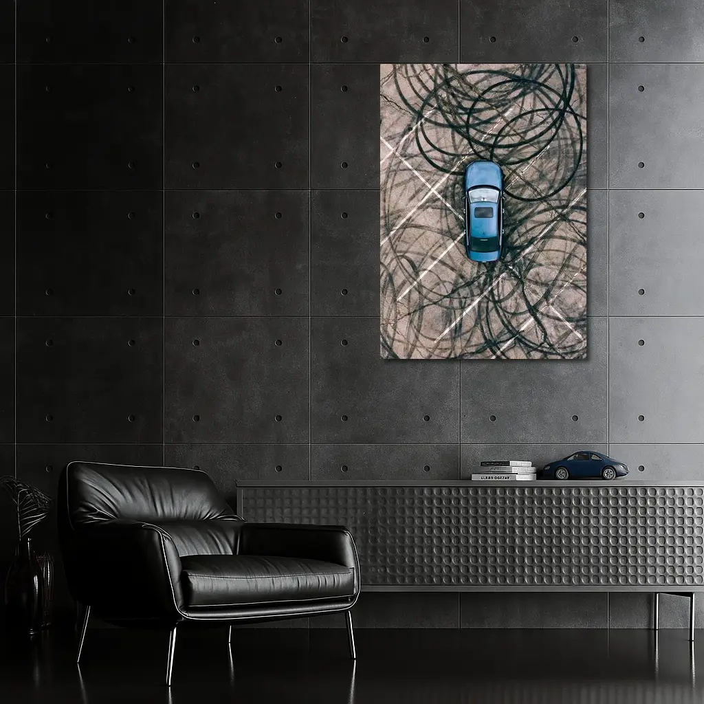Blue Car Aerial View Burnout Marks – Wall Art