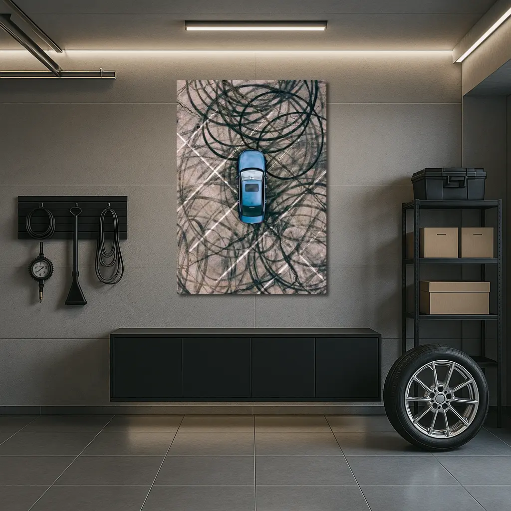 Blue Car Aerial View Burnout Marks – Wall Art