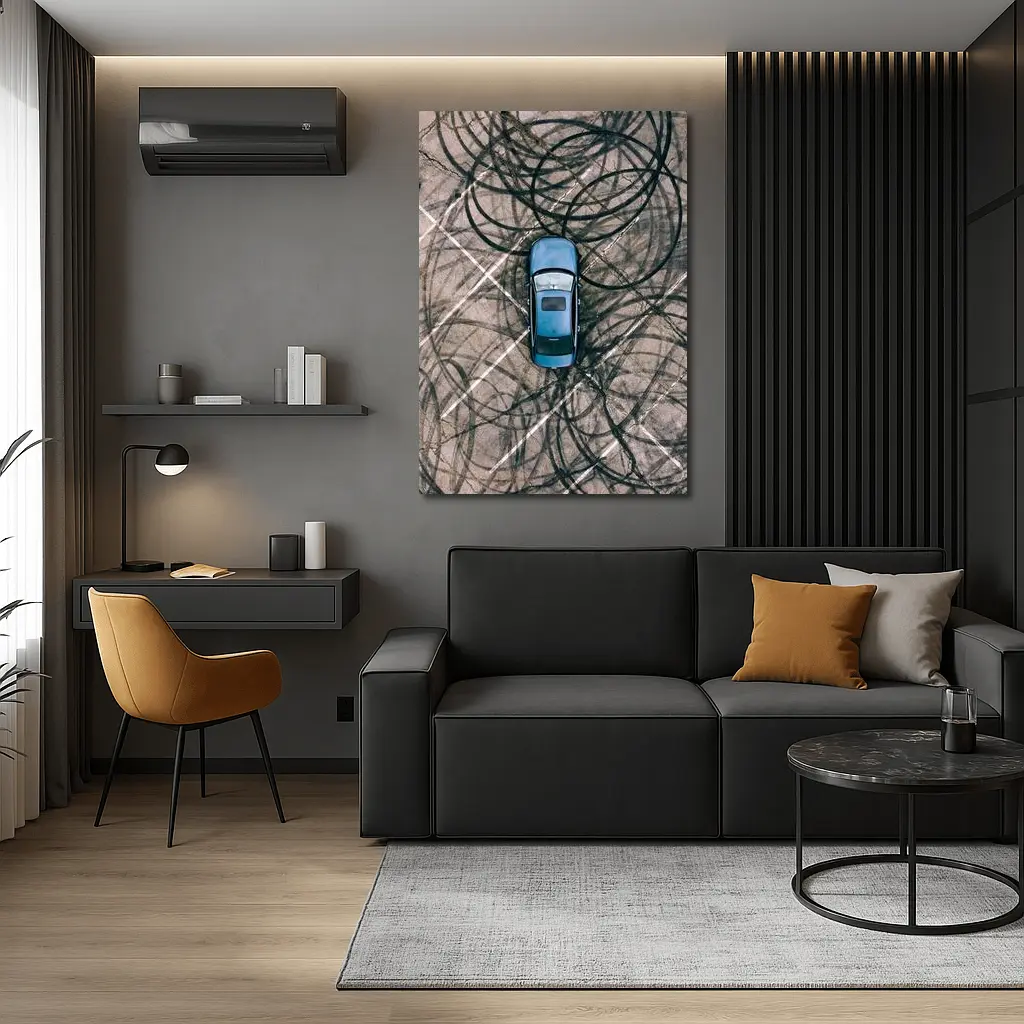 Blue Car Aerial View Burnout Marks – Wall Art