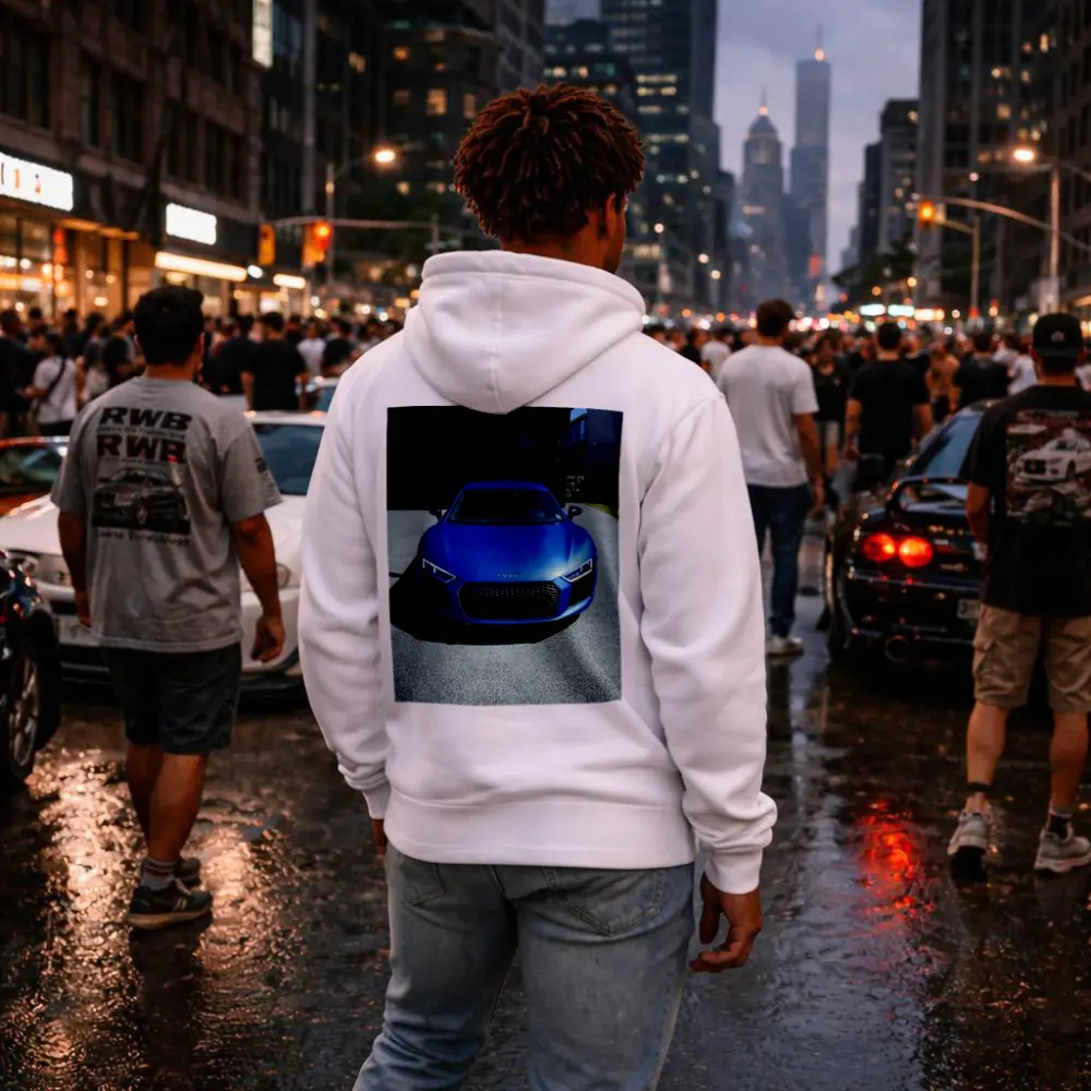Audi R8 Blue Supercar Front View Driveway – Hoodies