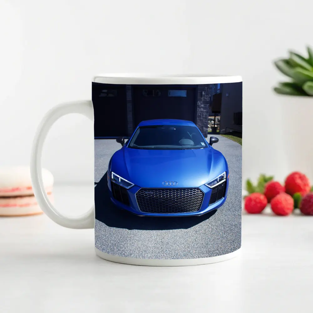 Audi R8 Blue Supercar Front View Driveway – Mugs
