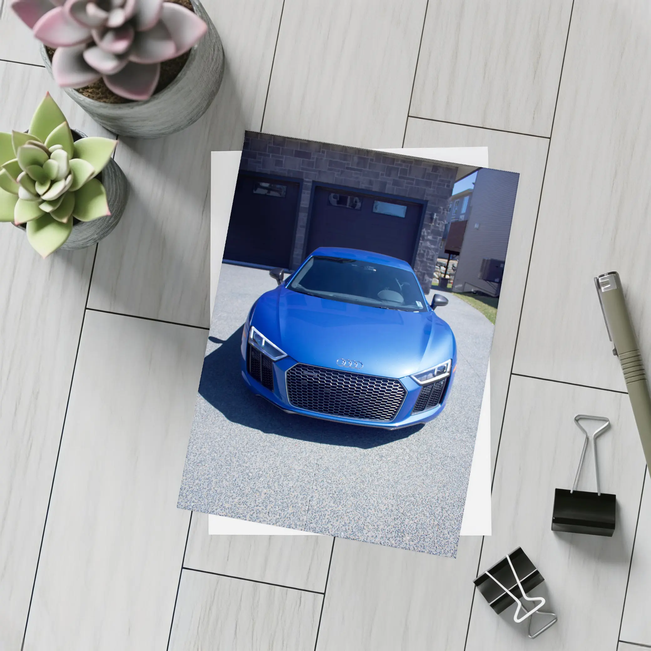 Audi R8 Blue Supercar Front View Driveway – Postcards