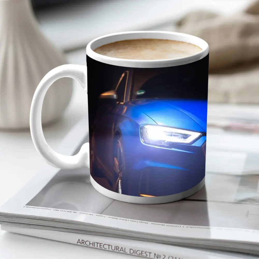 Audi A3 Blue Headlights Glowing Dark Night – Mugs