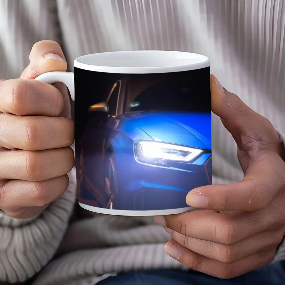Audi A3 Blue Headlights Glowing Dark Night – Mugs