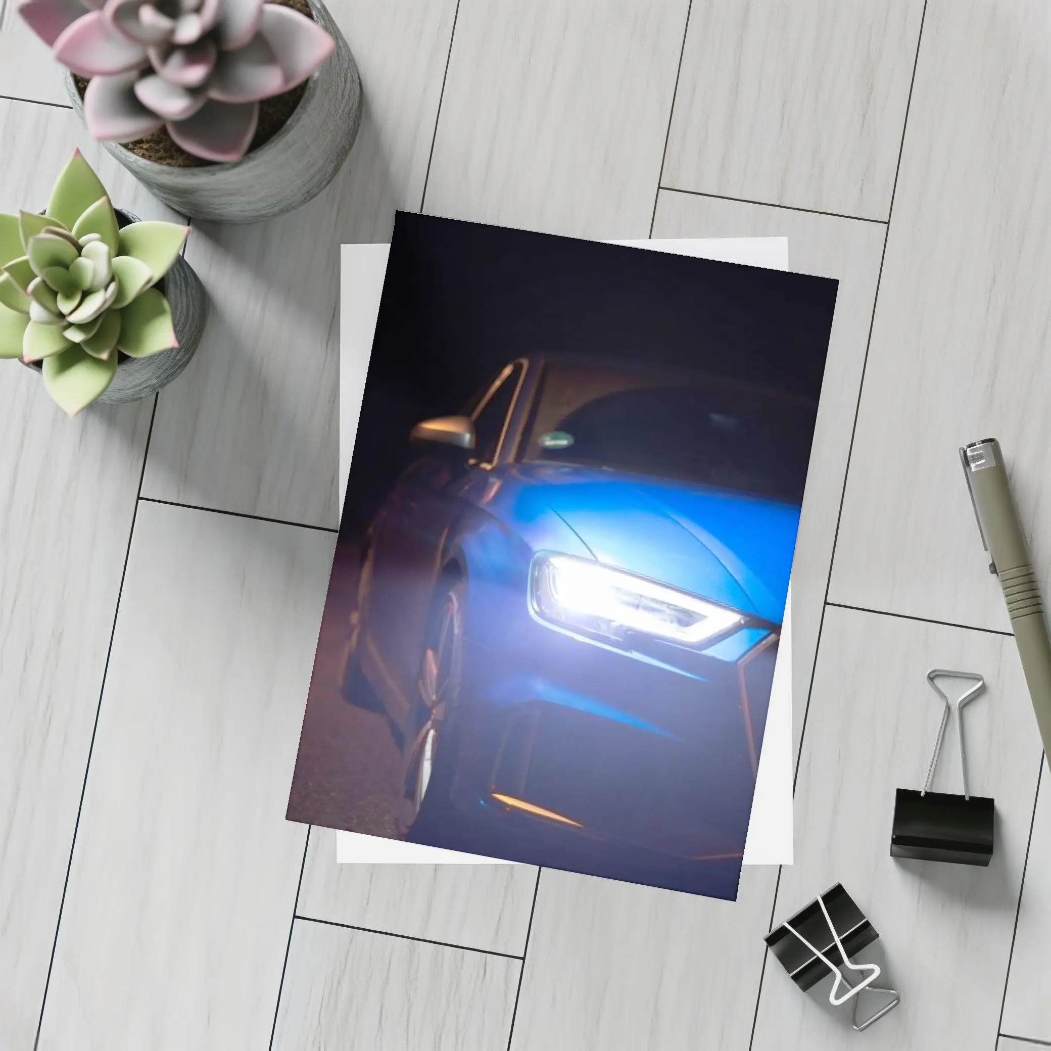 Audi A3 Blue Headlights Glowing Dark Night – Postcards