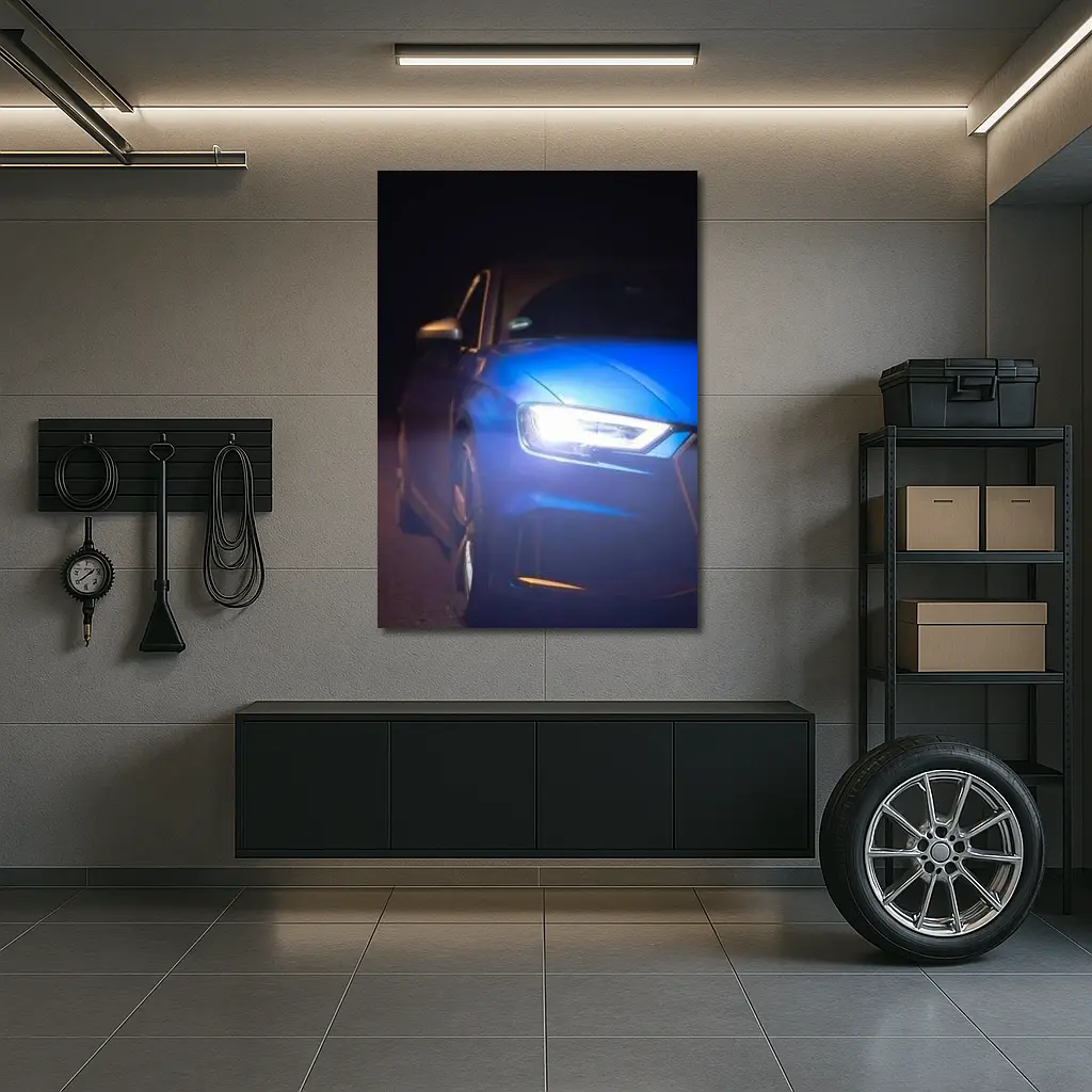 Audi A3 Blue Headlights Glowing Dark Night – Wall Art