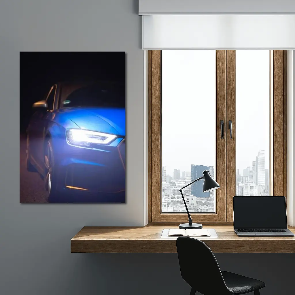 Audi A3 Blue Headlights Glowing Dark Night – Wall Art